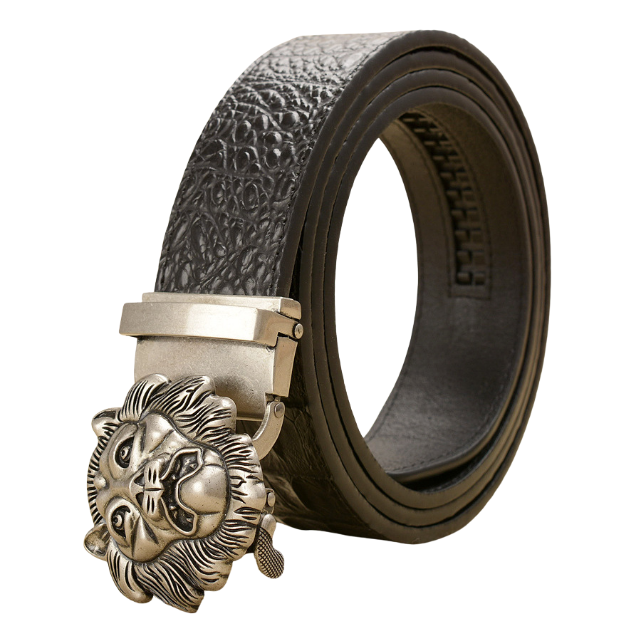 Ceinture homme Basile en cuir noir avec embossage crocodile et boucle argentée tête de lion