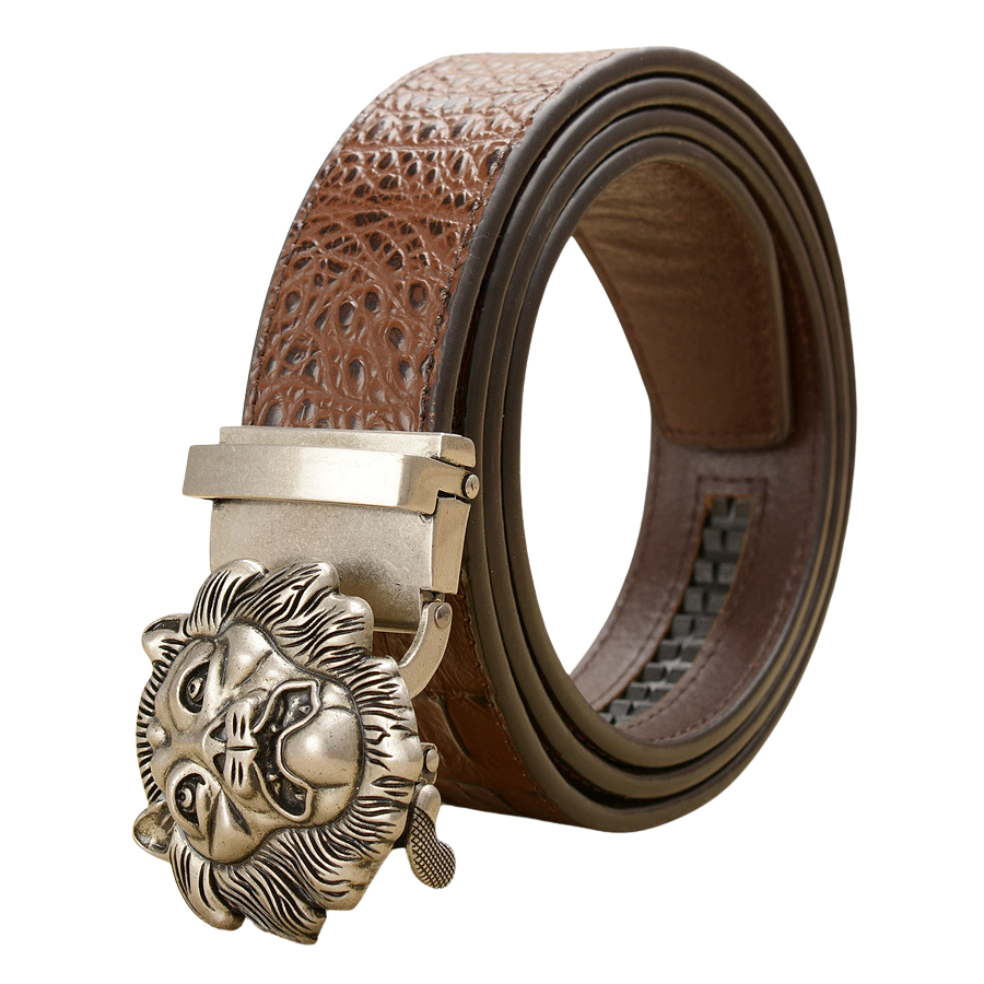 Ceinture homme Basile en cuir marron avec relief crocodile, boucle automatique argentée ornée d'une tête de lion en relief.
