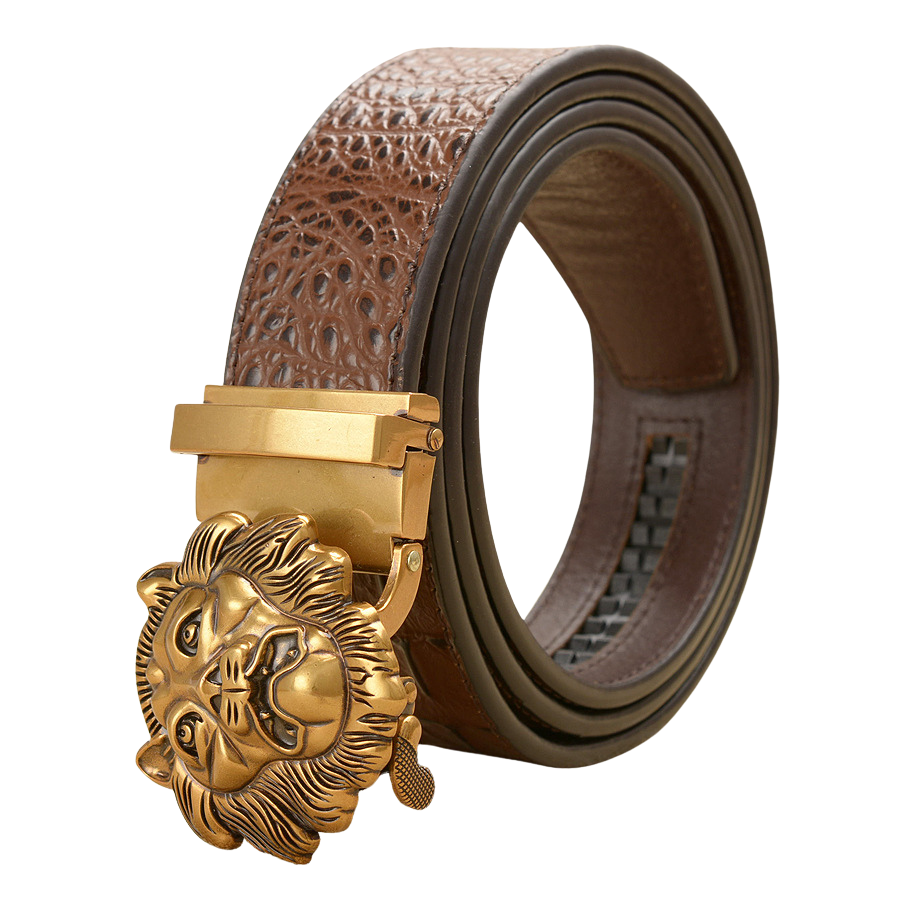 Ceinture homme Basile en cuir marron à relief crocodile embossé, boucle automatique dorée avec tête de lion en relief.