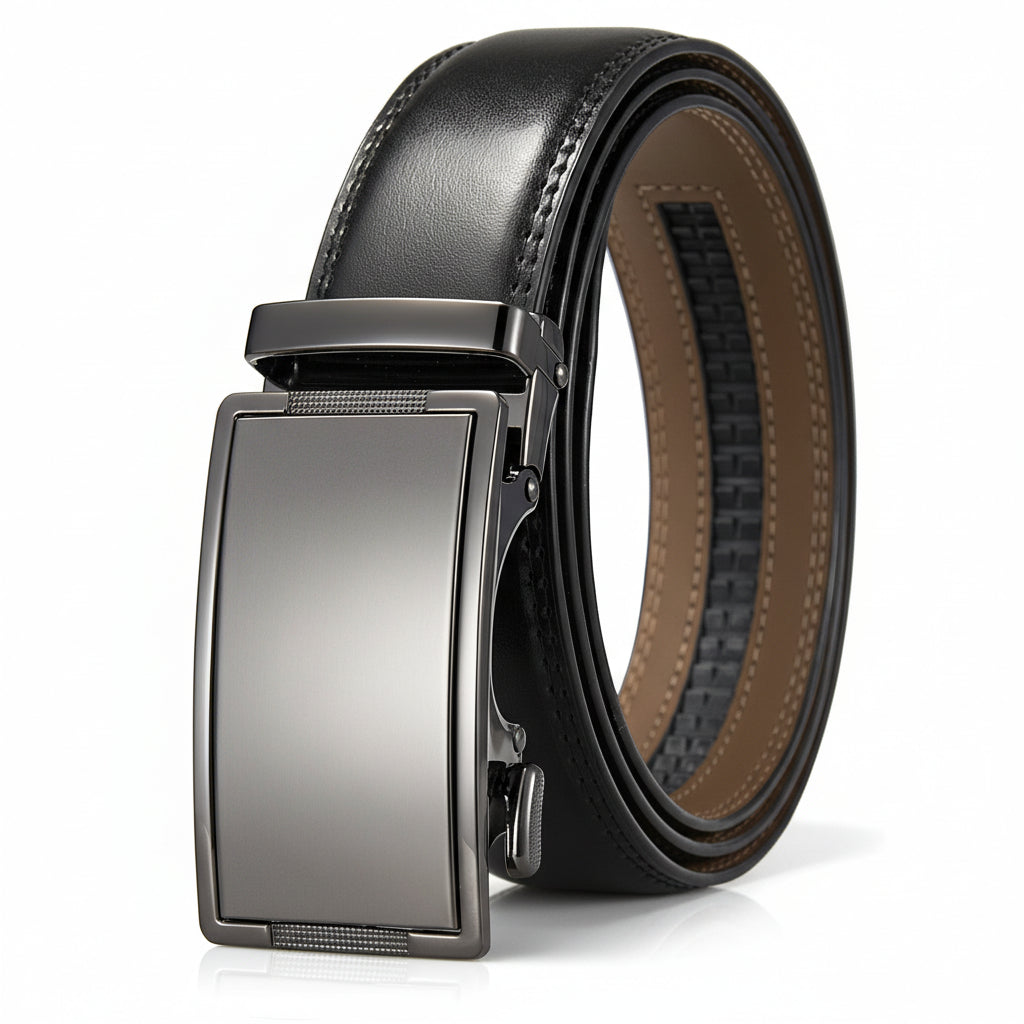 Ceinture homme Bastide en cuir noir avec boucle automatique rectangulaire en alliage métallique argenté lisse.