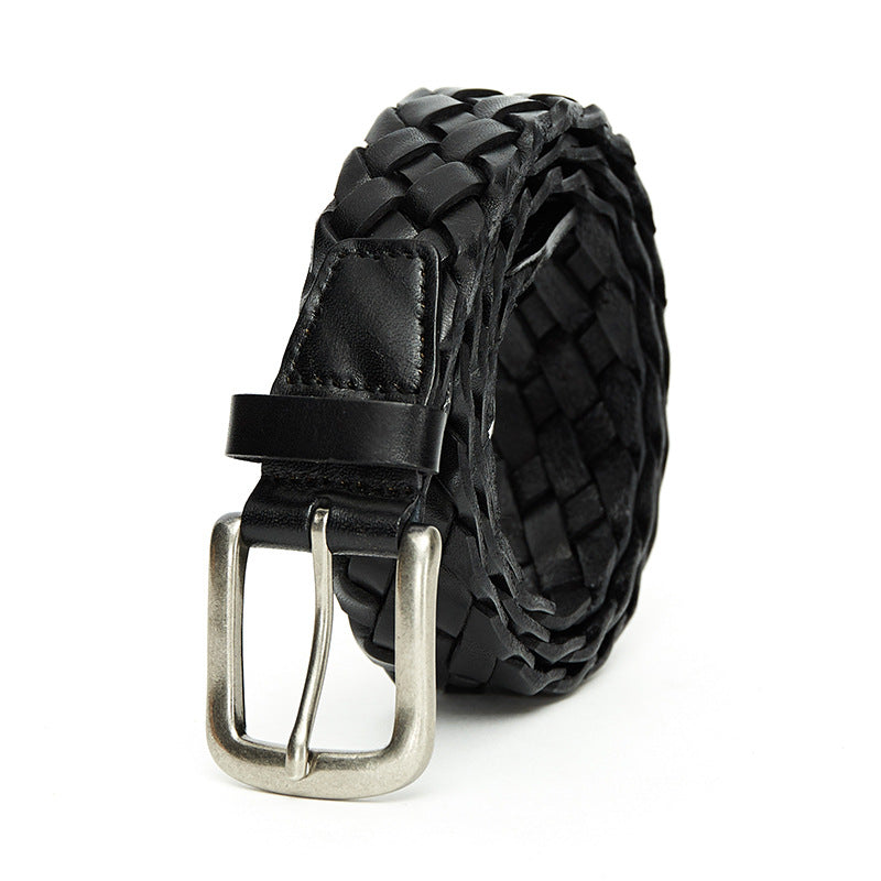 Ceinture homme Bastil en cuir noir tressé avec boucle ardillon argentée
