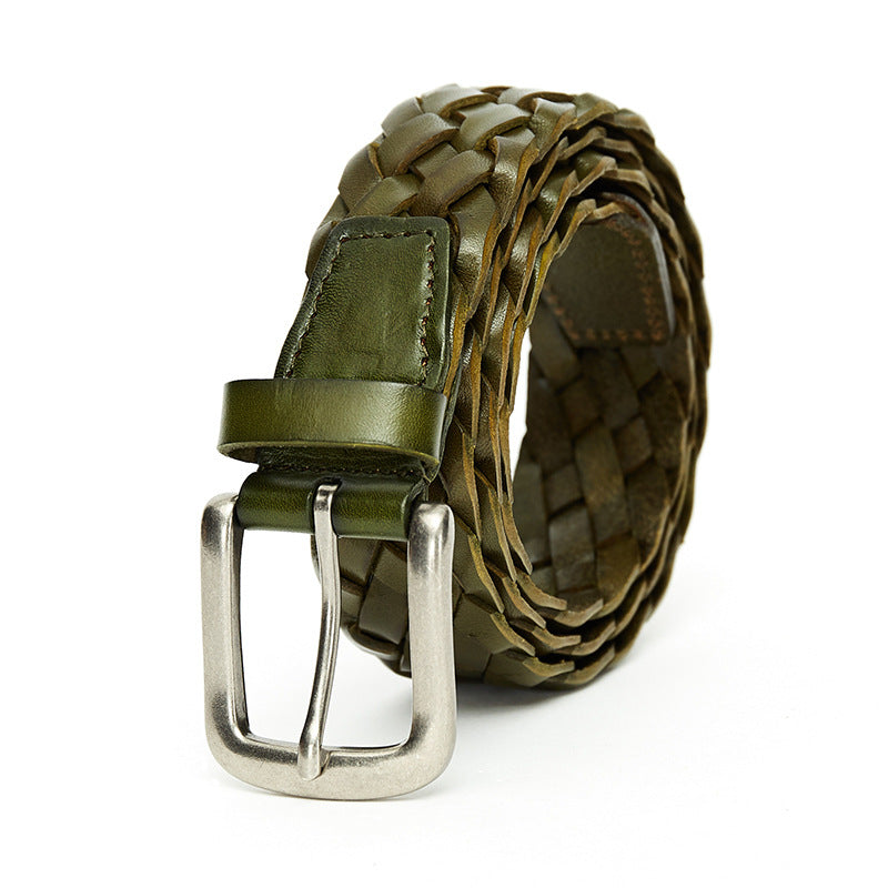 Ceinture verte tressée Bastil en cuir pleine fleur avec boucle ardillon argentée