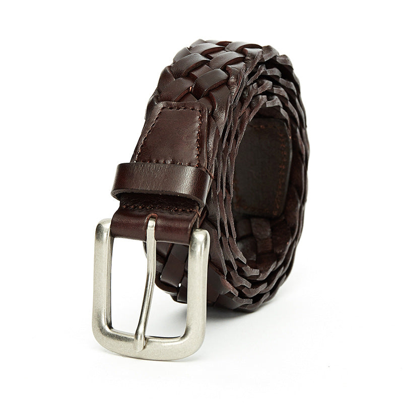 Ceinture tressée Bastil en cuir marron pour homme et femme, avec boucle ardillon argentée.