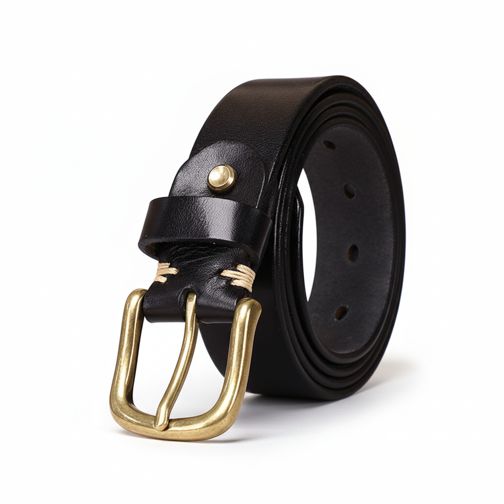Ceinture homme Bastion Cuir noire avec boucle ardillon arrondie en cuivre doré et coutures apparentes sur le passant.