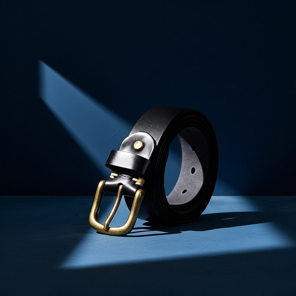 Ceinture Bastion Cuir noire pour homme avec boucle ardillon arrondie en cuivre doré #fullwidth