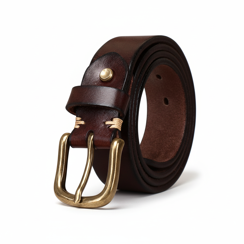 Ceinture Bastion Cuir homme en cuir de vachette marron avec boucle ardillon dorée #fullwidth