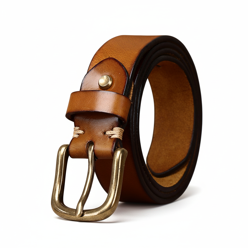 Ceinture homme Bastion Cuir couleur camel avec boucle ardillon en cuivre doré et rivets discrets