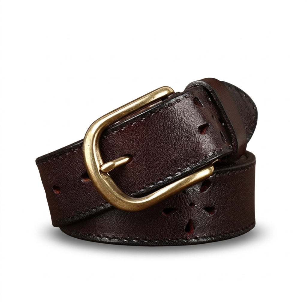 Ceinture pour homme Batignolles en cuir pleine fleur marron vieilli avec motifs ajourés et boucle ardillon en cuivre doré vieilli
