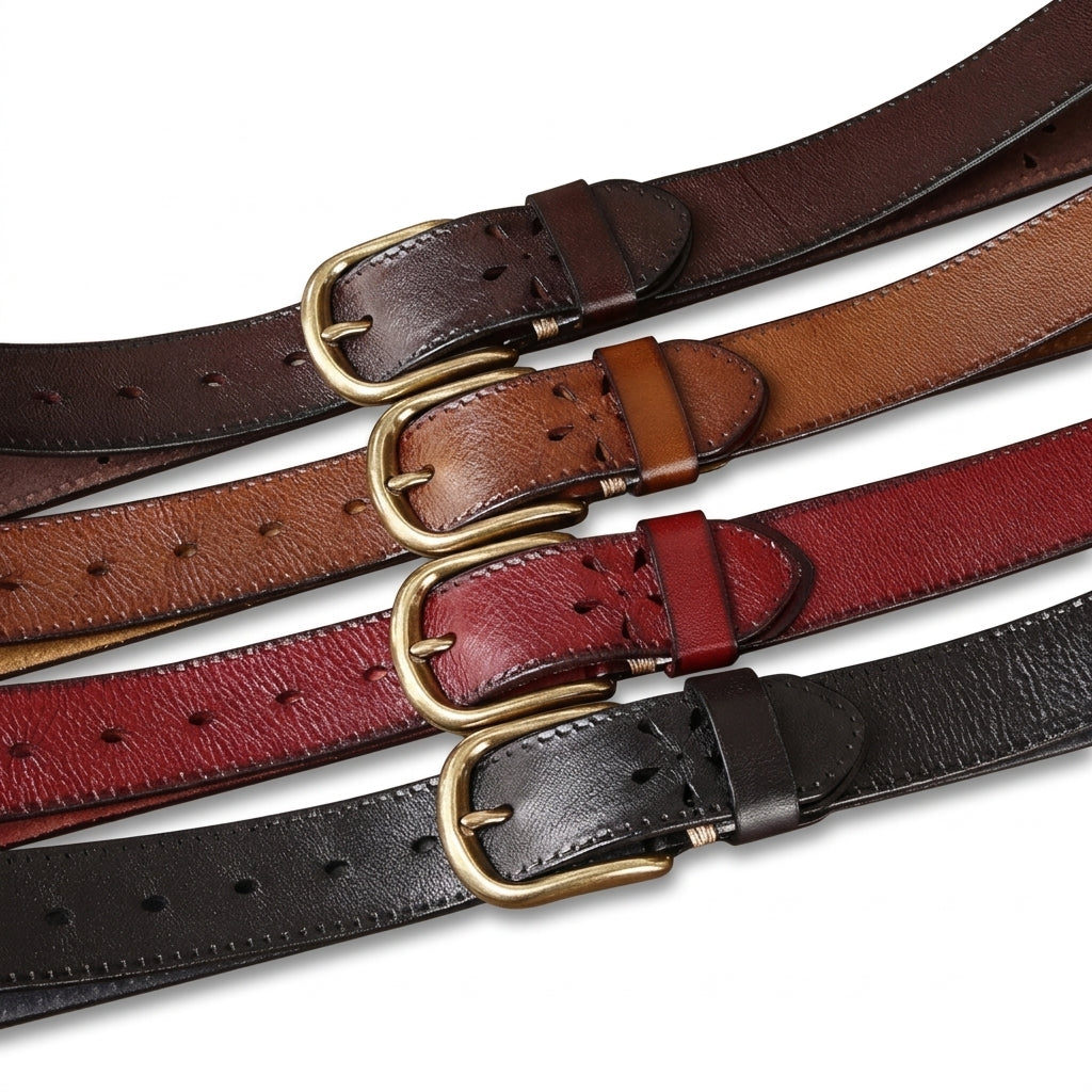 Collection de ceintures pour homme Batignolles en cuir pleine fleur tannage végétal avec motifs perforés et boucle ardillon en cuivre doré vieilli, disponibles en plusieurs coloris. @fullwidth