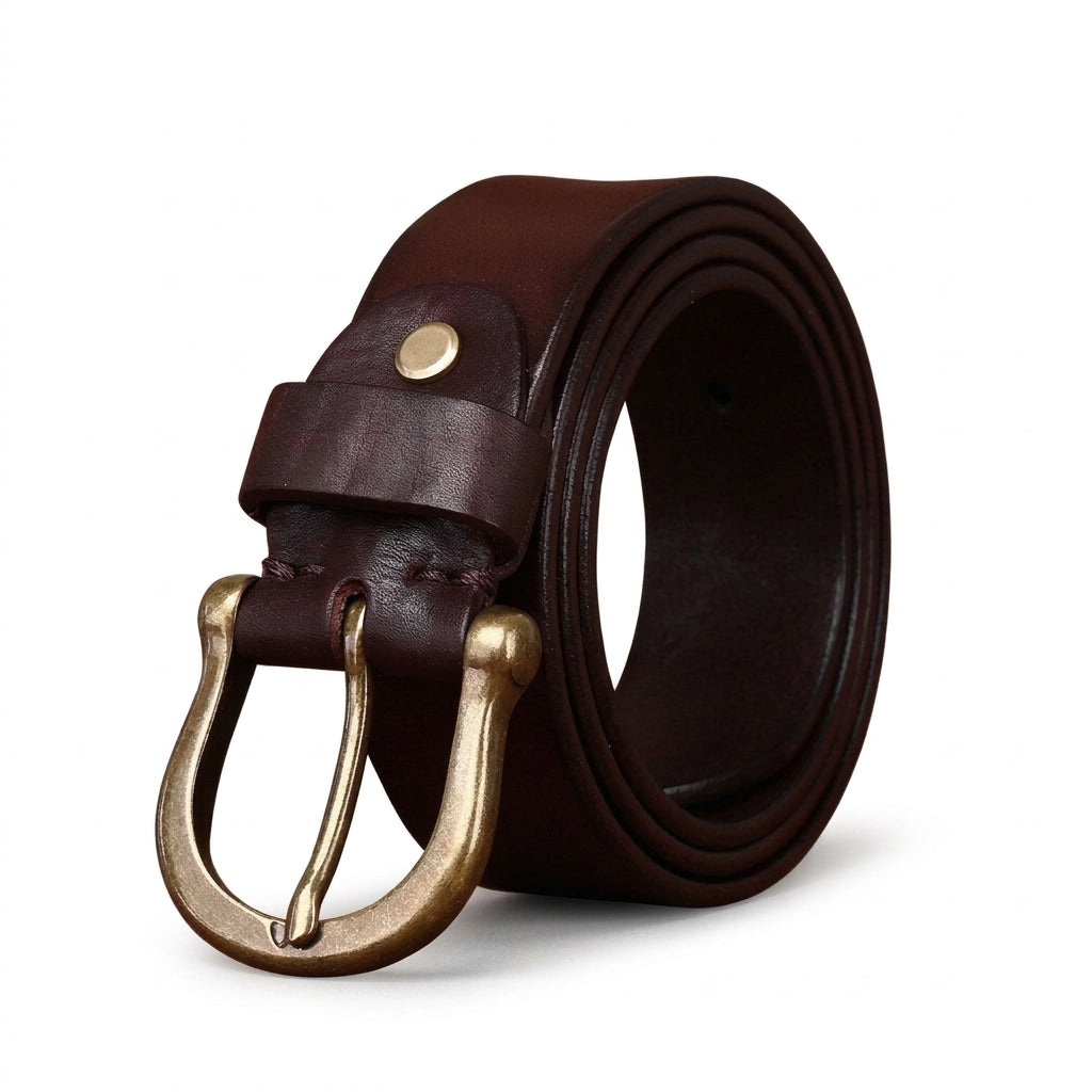 Ceinture homme Baudelaire en cuir pleine fleur marron patiné avec boucle ardillon vintage en cuivre massif