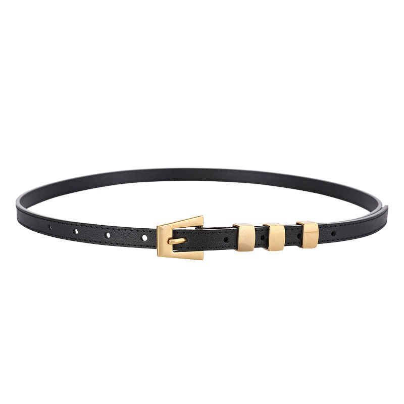 Ceinture fine noire en cuir nubuck Béatrice avec boucle ardillon triangulaire dorée et trois anneaux décoratifs dorés