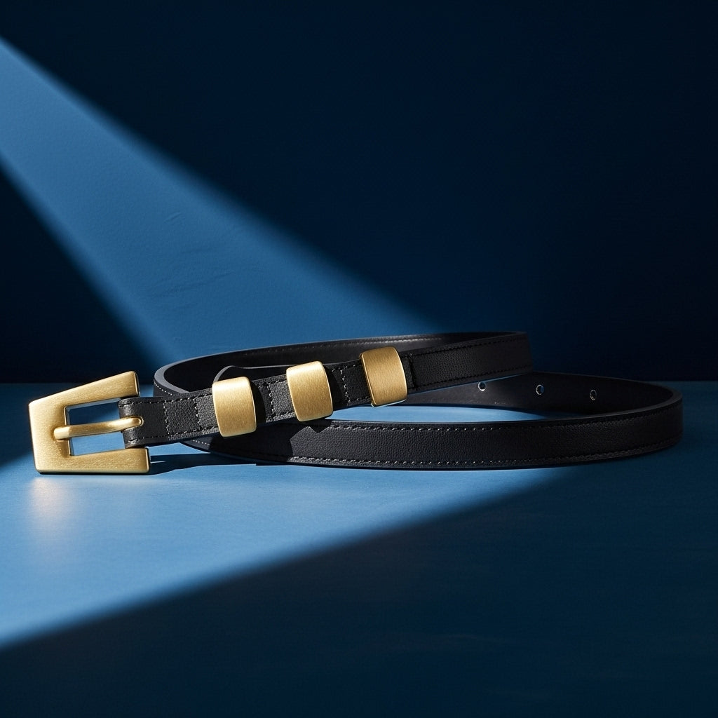 Ceinture fine noire Béatrice en cuir nubuck avec boucle ardillon triangulaire dorée et trois passants dorés #fullwidth