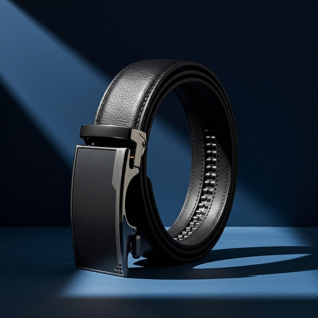 Ceinture Beaubour 20 noire en cuir de vachette avec boucle automatique rectangulaire argentée et finition texturée. #fullwidth
