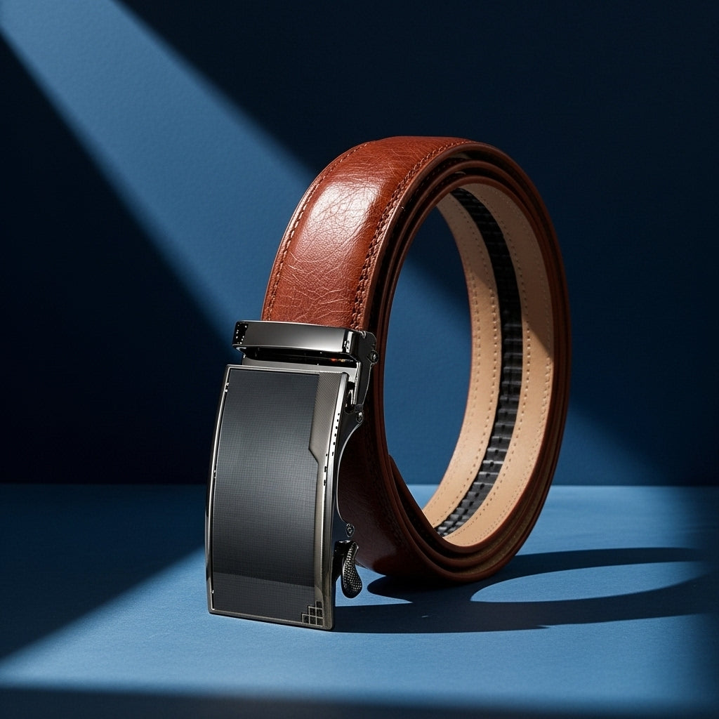 Ceinture Beaubour 60 en cuir de vachette marron avec boucle automatique rectangulaire argentée et texturée #fullwidth