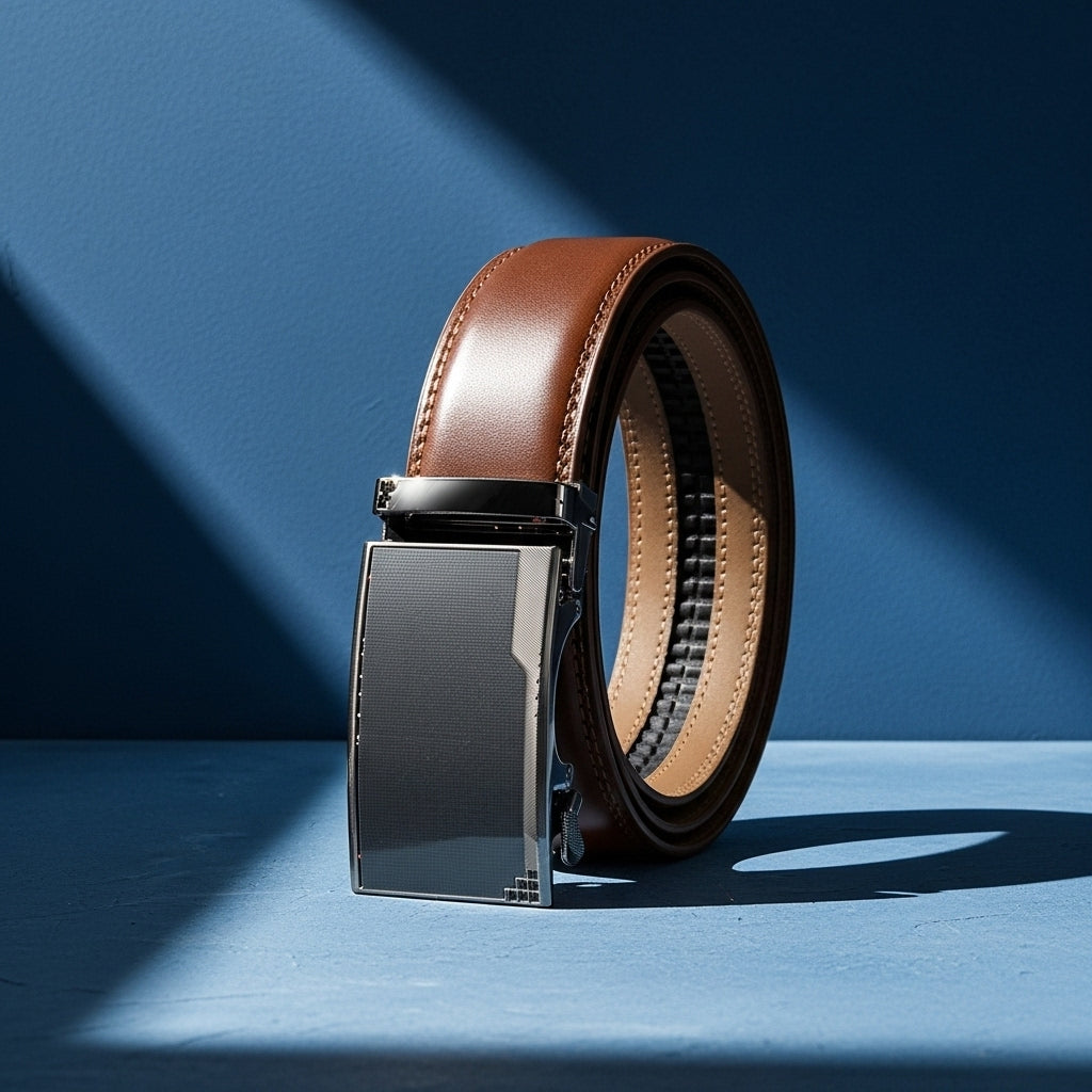 Ceinture Beaubour 95 en cuir de vachette marron avec boucle automatique rectangulaire argentée #fullwidth