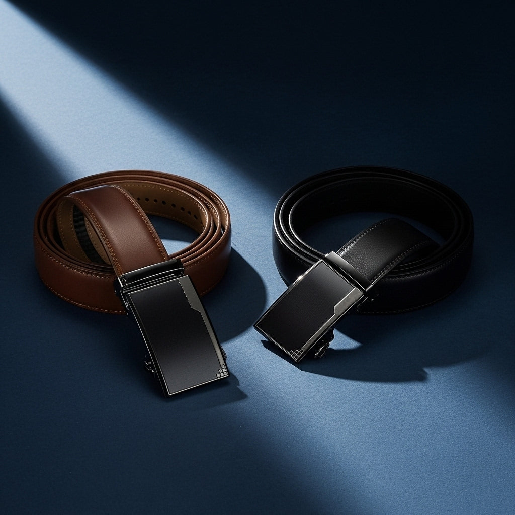 Deux ceintures Beaubour 95 pour homme en cuir de vachette, une marron et une noire, avec boucle automatique rectangulaire argentée. #fullwidth