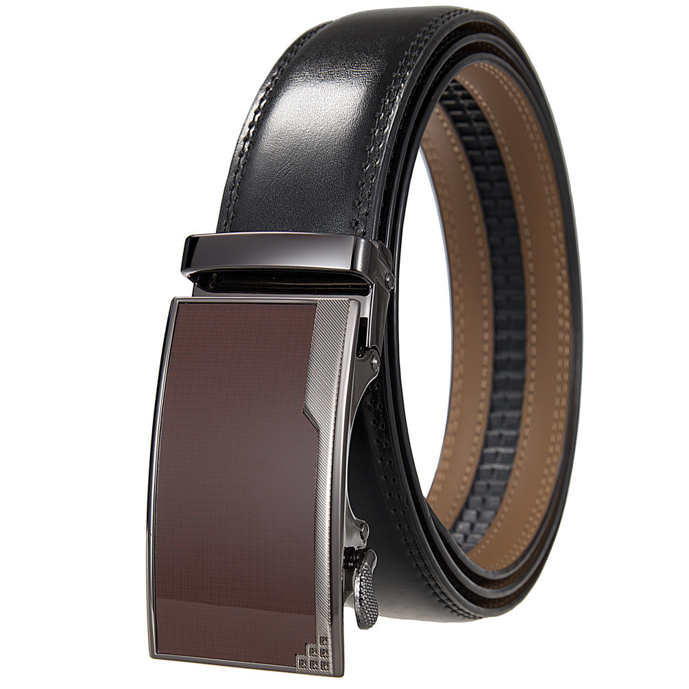 Ceinture Beaubour 95 noire avec boucle automatique argentée et insert marron texturé.