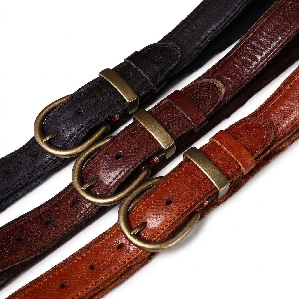 Trois ceintures homme Beauregard en cuir pleine fleur de vachette avec boucle ardillon en cuivre, présentées sur fond bois, style vintage artisanal. #fullwidth