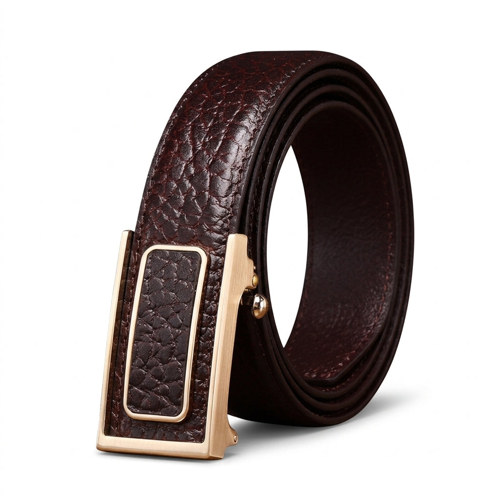 Ceinture homme Beauvoir en cuir pleine fleur marron grainé avec boucle automatique rectangulaire dorée et système de réglage cranté sans trou