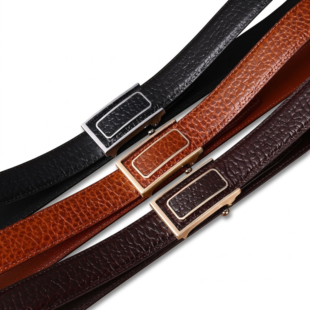 Trois ceintures homme Beauvoir en cuir pleine fleur grainé avec boucle automatique rectangulaire, disponibles en coloris noir, marron clair et marron foncé. @fullwidth
