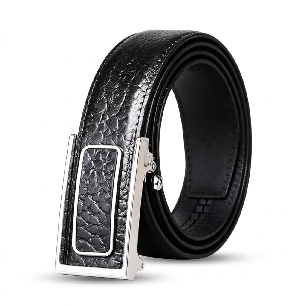 Ceinture homme Beauvoir en cuir pleine fleur noir grainé avec boucle automatique rectangulaire argentée et mécanisme cranté sans trou