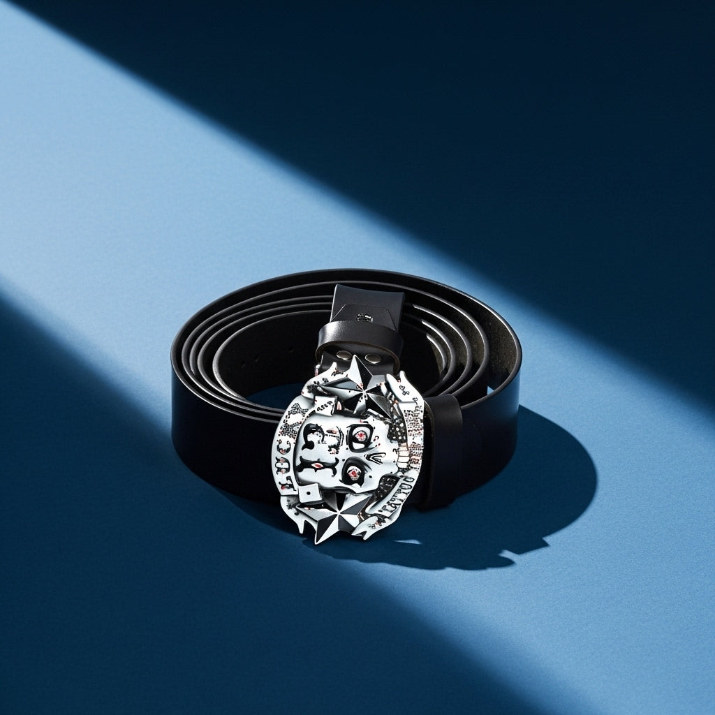 Ceinture Belle Épine homme en cuir noir avec boucle argentée ornée d'une tête de mort et d'étoiles, sur fond bleu uni. #fullwidth