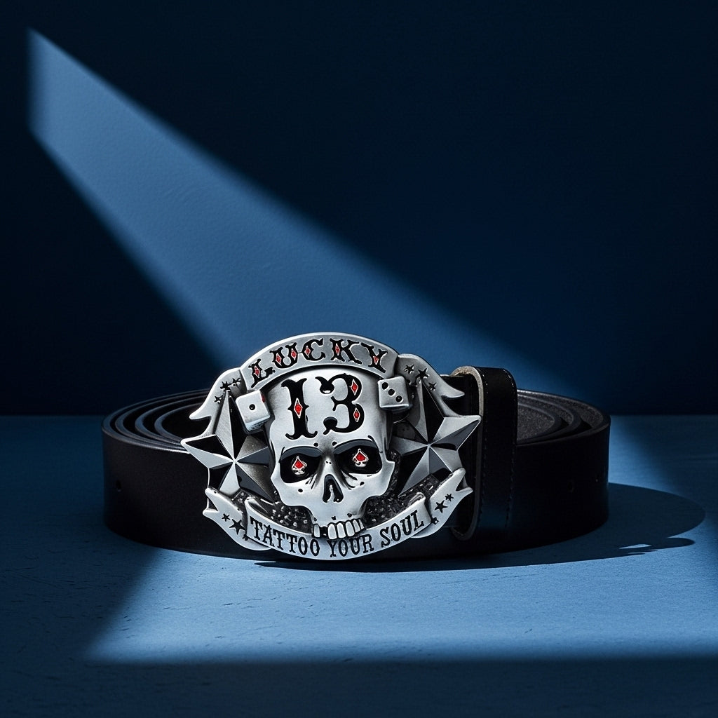 Ceinture Belle Épine pour homme en cuir noir avec une boucle argentée ornée d'une tête de mort Lucky 13 et l'inscription "Tattoo Your Soul" #fullwidth