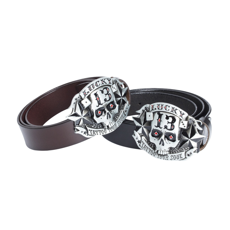 Ceinture Belle Épine pour homme avec boucle tête de mort "Lucky 13" et rivets argentés, cuir marron et noir. #fullwidth