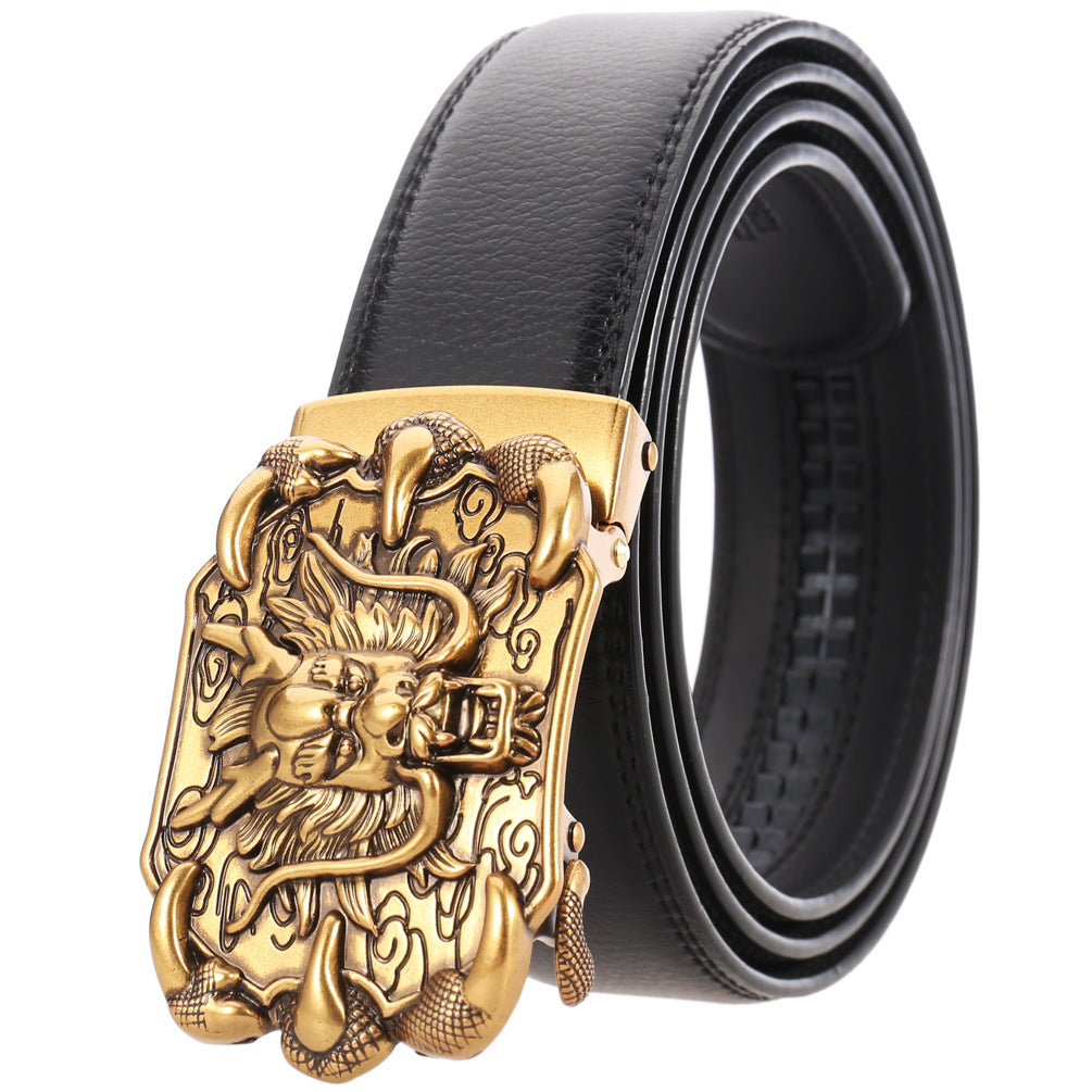 Ceinture homme Bellev 20 en cuir noir avec boucle automatique dorée ornée d'un dragon traditionnel chinois