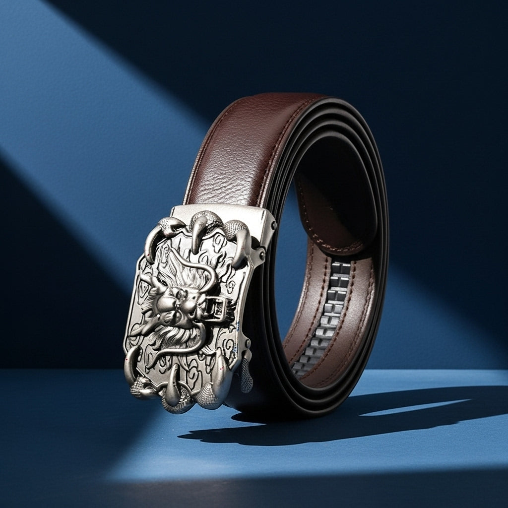 Ceinture homme Bellev 20 en cuir refendu marron avec boucle automatique argentée ornée d'un dragon chinois traditionnel #fullwidth
