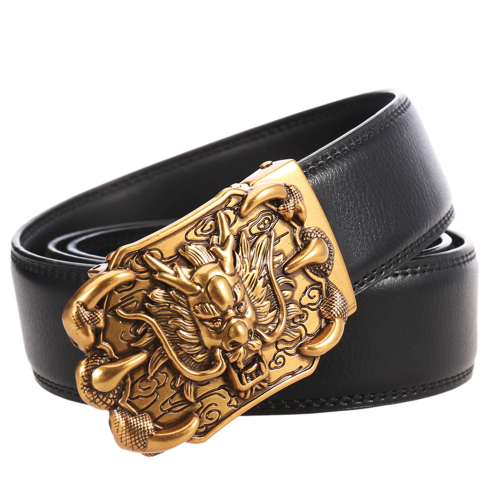 Ceinture homme Bellev 20 en cuir noir avec boucle automatique dorée ornée d'un dragon chinois traditionnel.