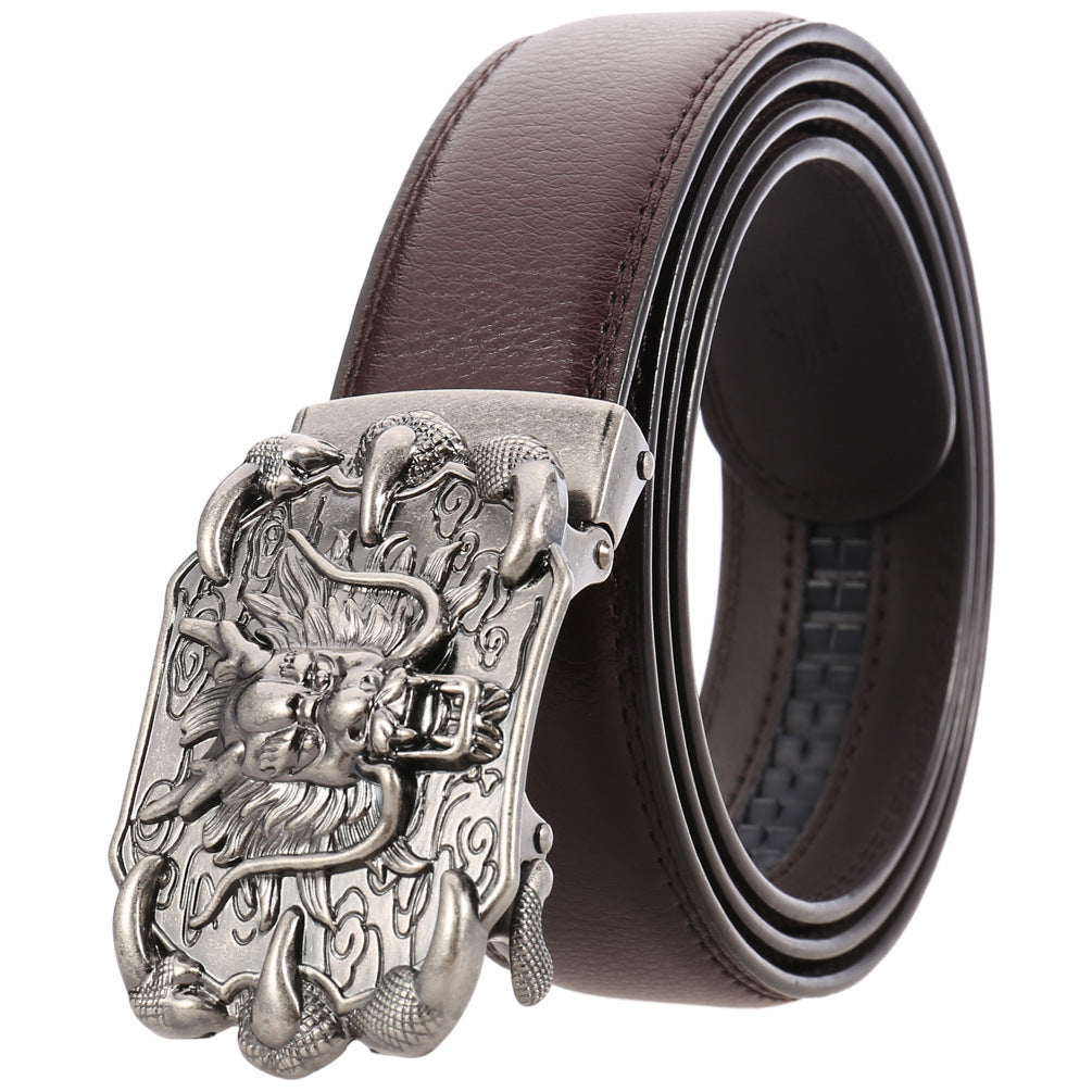Ceinture homme Bellev 20 marron avec boucle argentée ornée d'un dragon traditionnel chinois et griffes.