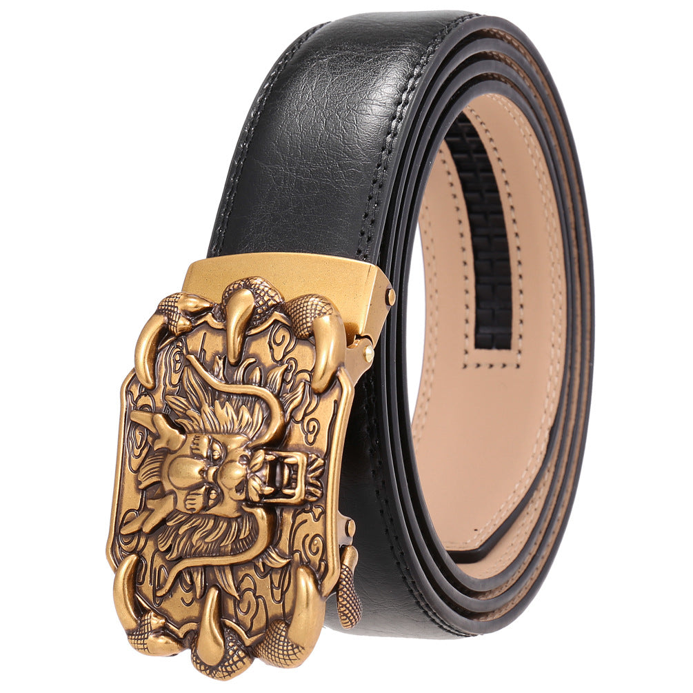 Ceinture homme Bellev 60 noire avec boucle automatique rectangulaire dorée ornée d'un dragon chinois traditionnel #fullwidth