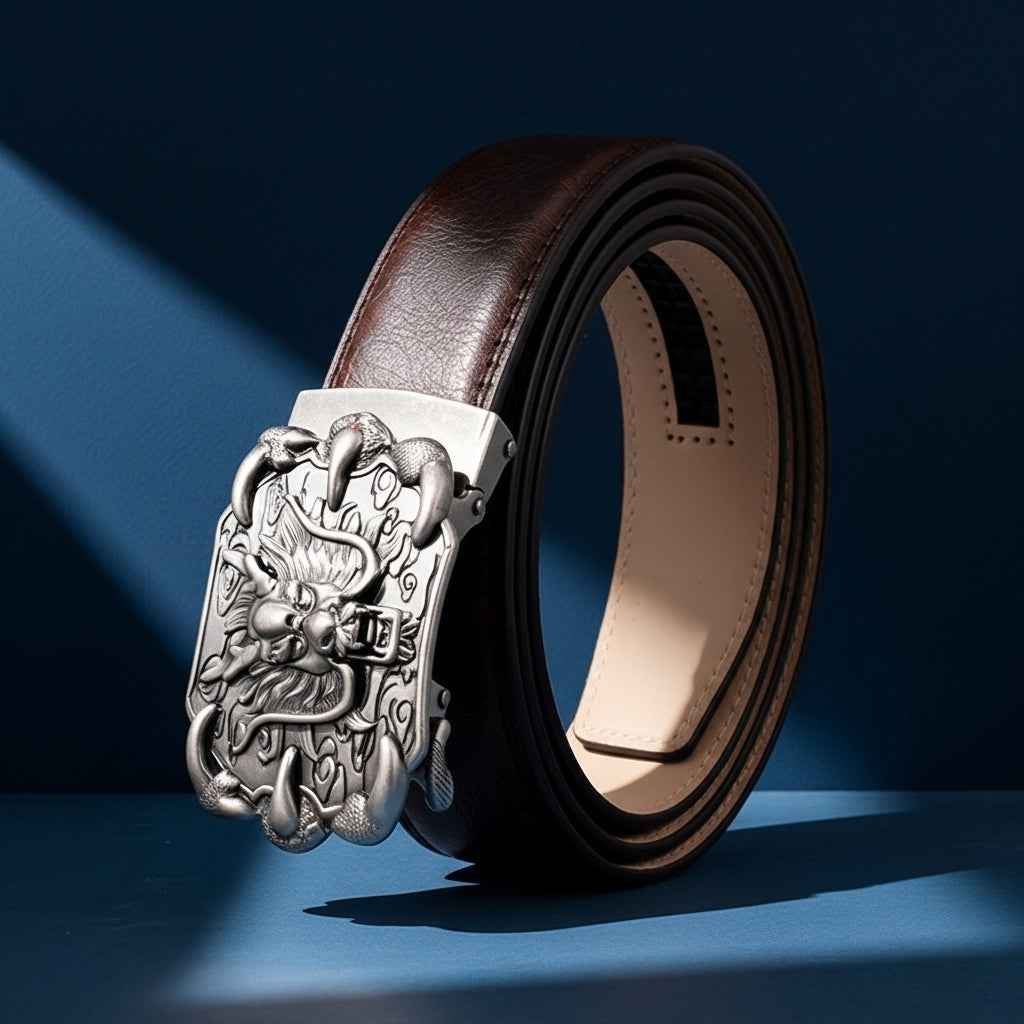 Ceinture homme Bellev 60 en cuir refendu marron avec boucle automatique rectangulaire ornée d'un dragon argenté inspiré de l'art chinois. #fullwidth