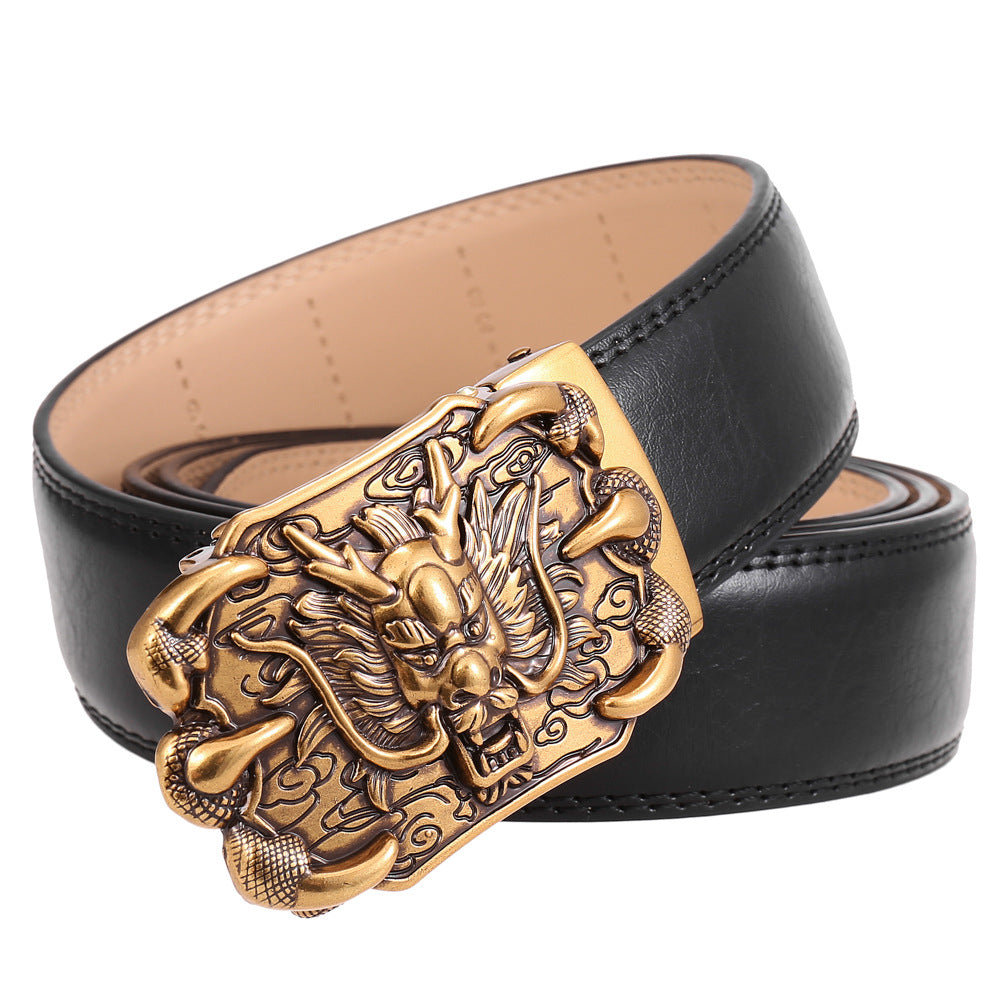 Ceinture homme Bellev 60 noire avec boucle automatique dorée ornée d'un dragon chinois traditionnel.