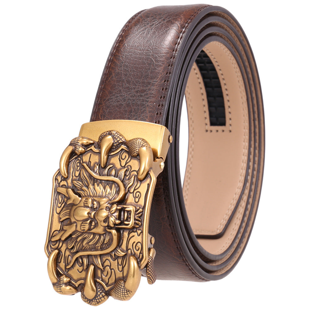 Ceinture homme Bellev 60 en cuir marron avec boucle automatique dorée ornée d'un dragon chinois traditionnel