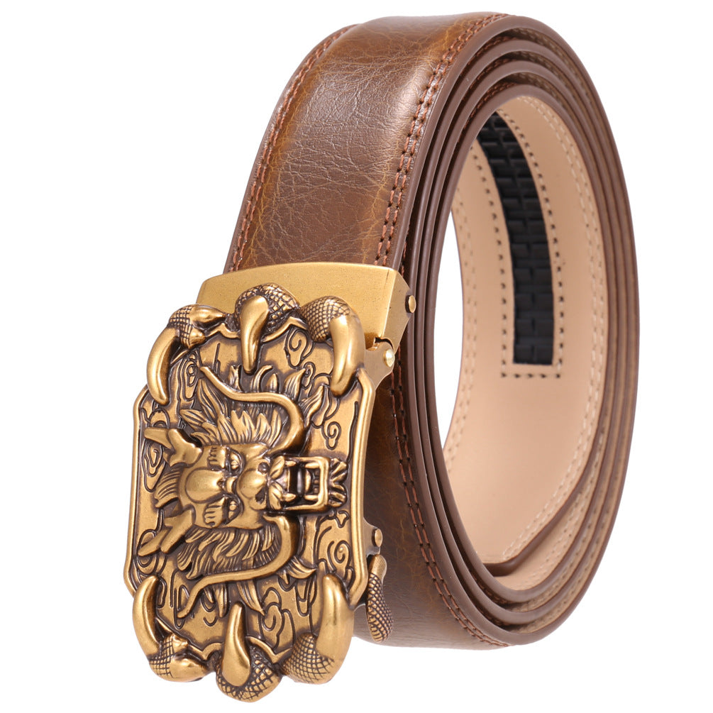 Ceinture homme Bellev 60 en cuir marron avec boucle automatique dorée ornée d'un dragon chinois traditionnel.