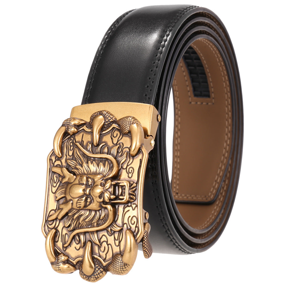 Ceinture homme Bellev 95 noire avec boucle automatique dorée ornée d'un dragon chinois traditionnel.