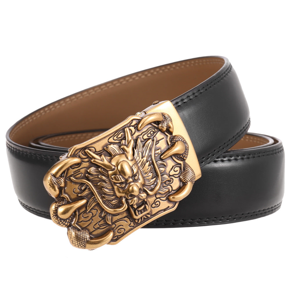 Ceinture homme Bellev 95 noire avec boucle automatique dorée ornée d'un dragon traditionnel chinois