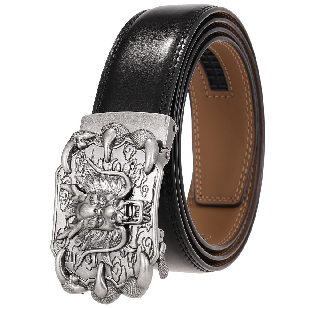 Ceinture homme Bellev 95 noire avec boucle argentée ornée d'un dragon traditionnel, cuir de vachette, 3,5 cm de largeur.
