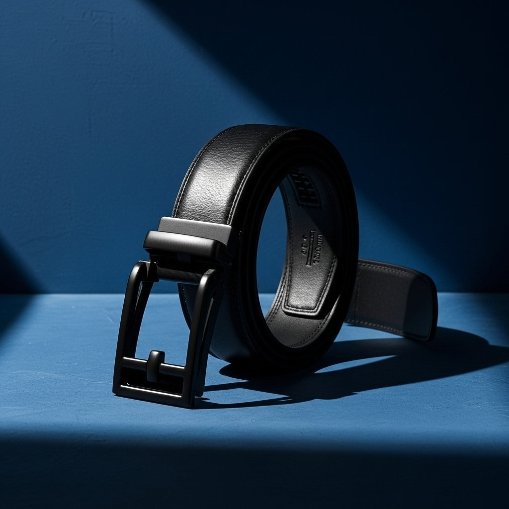 Ceinture unisexe Benoît 1 en cuir de vachette noir grainé, avec une boucle automatique rectangulaire noire mate et un système d'ajustement sans trous. #fullwidth