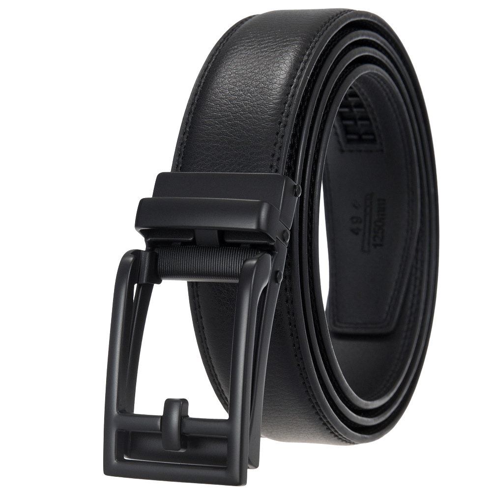 Ceinture unisexe Benoît 1 en cuir de vachette noir avec texture grainée et boucle automatique rectangulaire noir mat. #fullwidth