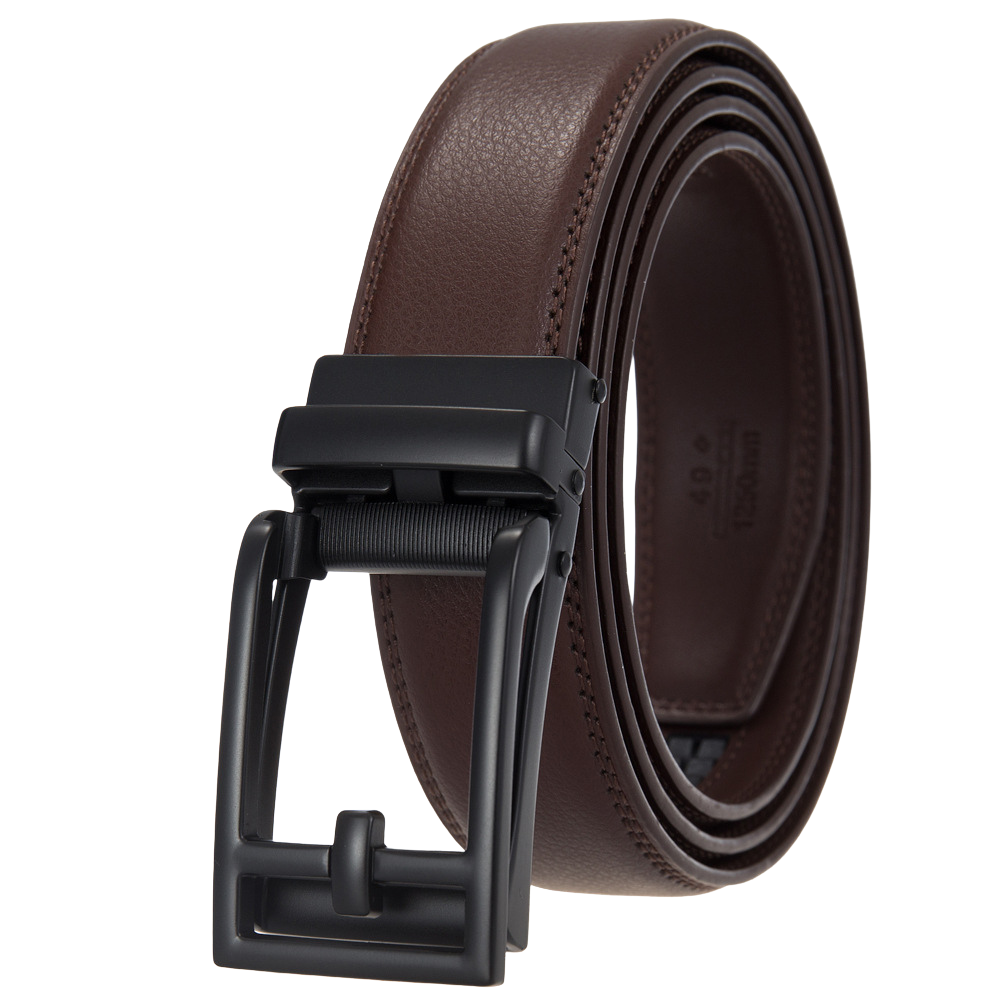 Ceinture unisexe Benoît 1 en cuir marron grainé avec boucle automatique noire mate réglable #fullwidth