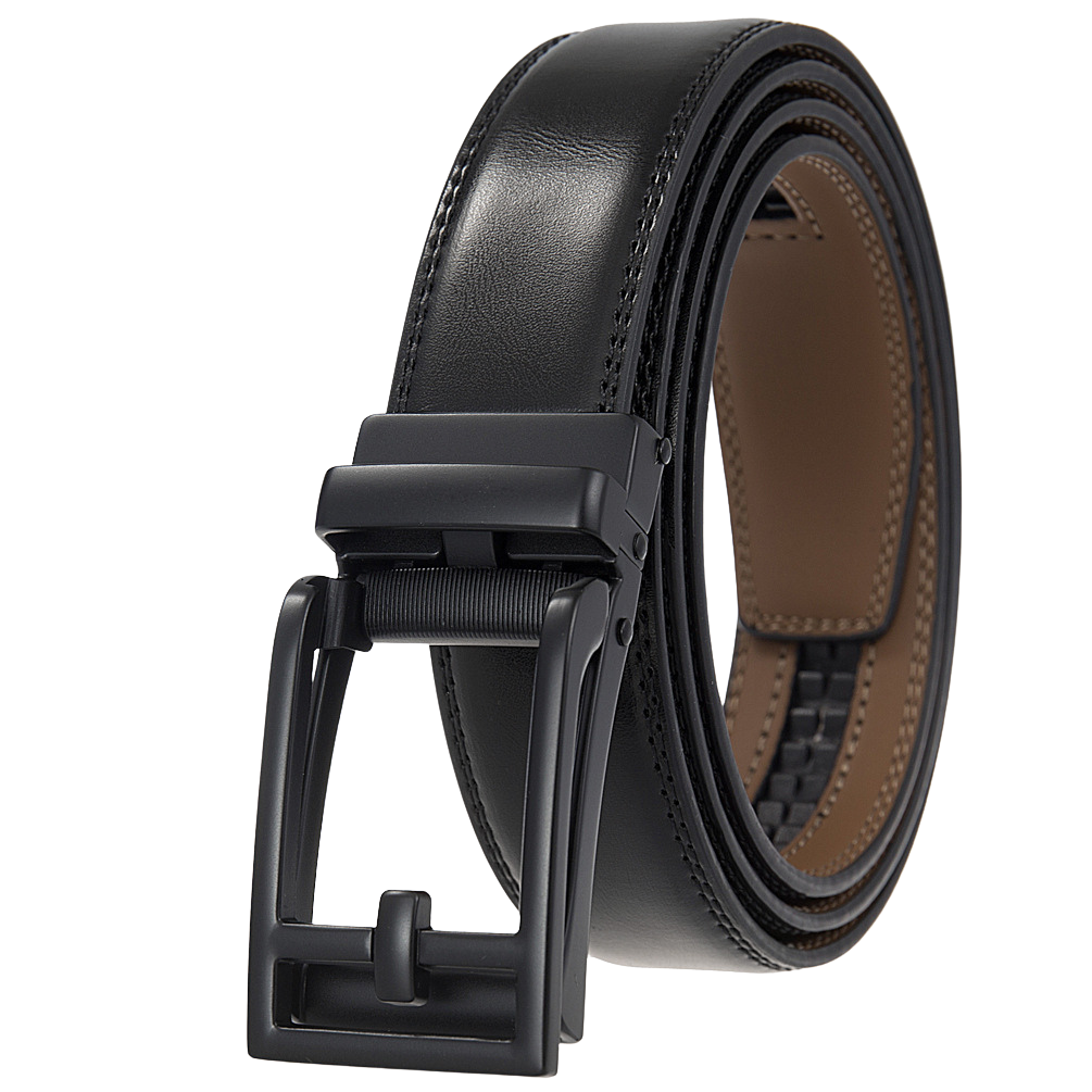 Ceinture unisexe Benoît 2 en cuir de vachette noir avec boucle automatique rectangulaire noire mate et finition brossée