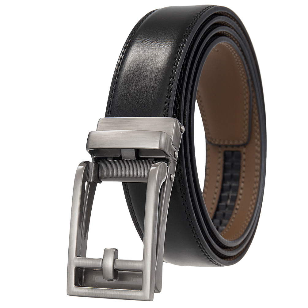 Ceinture unisexe Benoît 2 en cuir de vachette noir avec boucle automatique rectangulaire argentée en alliage brossé
