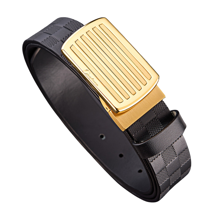 Ceinture Benoît Bleu 1 pour homme en cuir noir avec boucle rectangulaire dorée et gravure "Dantone" sur fond noir