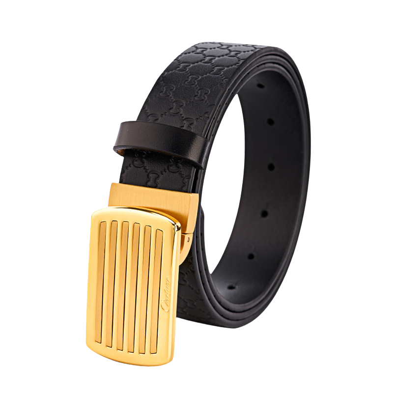 Ceinture Benoît Bleu 2 pour homme en cuir noir avec boucle automatique rectangulaire dorée et motifs géométriques gravés sur le cuir.