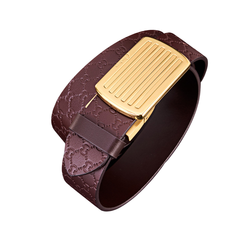 Ceinture pour homme Benoît Bleu 2 en cuir marron avec boucle automatique rectangulaire dorée et motif géométrique discret