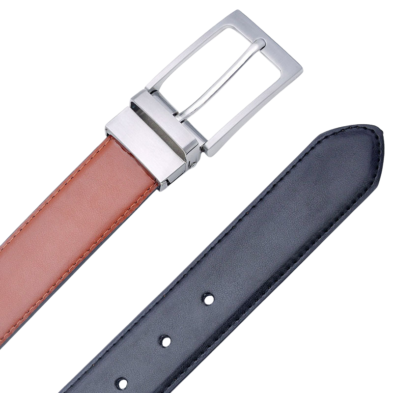 Ceinture réversible BenoîtArt pour homme en cuir marron et noir, avec boucle rectangulaire rotative en alliage argenté.