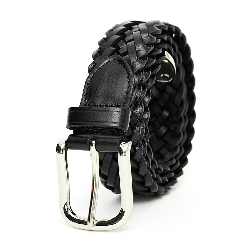 Ceinture Bercy noire en cuir tressé avec boucle ardillon argentée